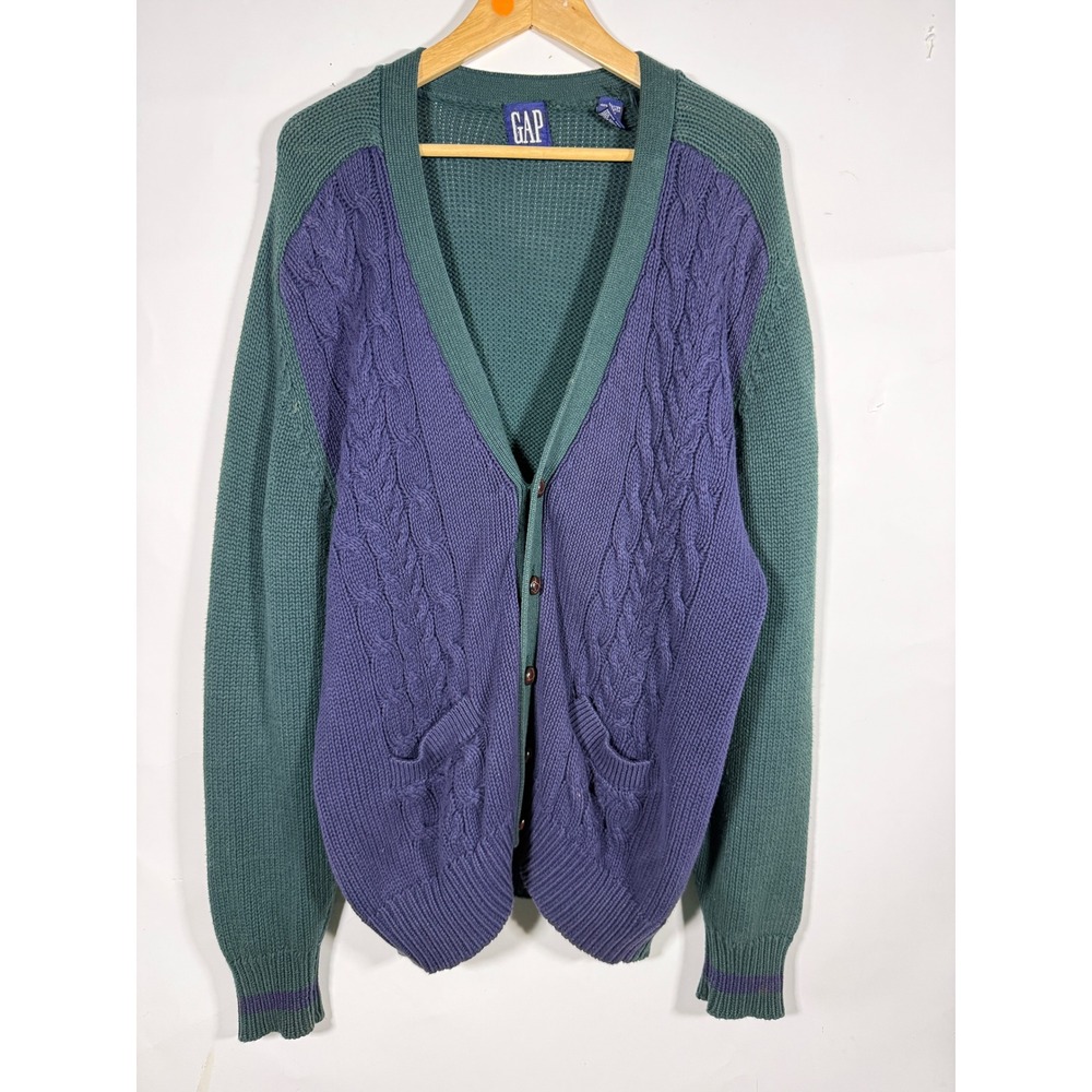 Vintage GAP Mens Colorblock Cable Knit Cardigan Sweater Green Purple Large